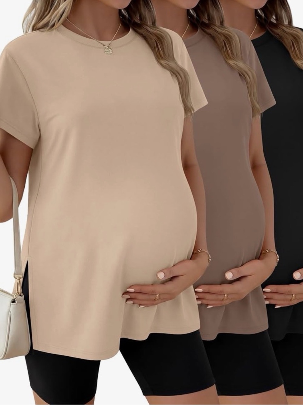 (3) Maternity Short Sleeve Crewneck Tops- Beige, Brown, Black